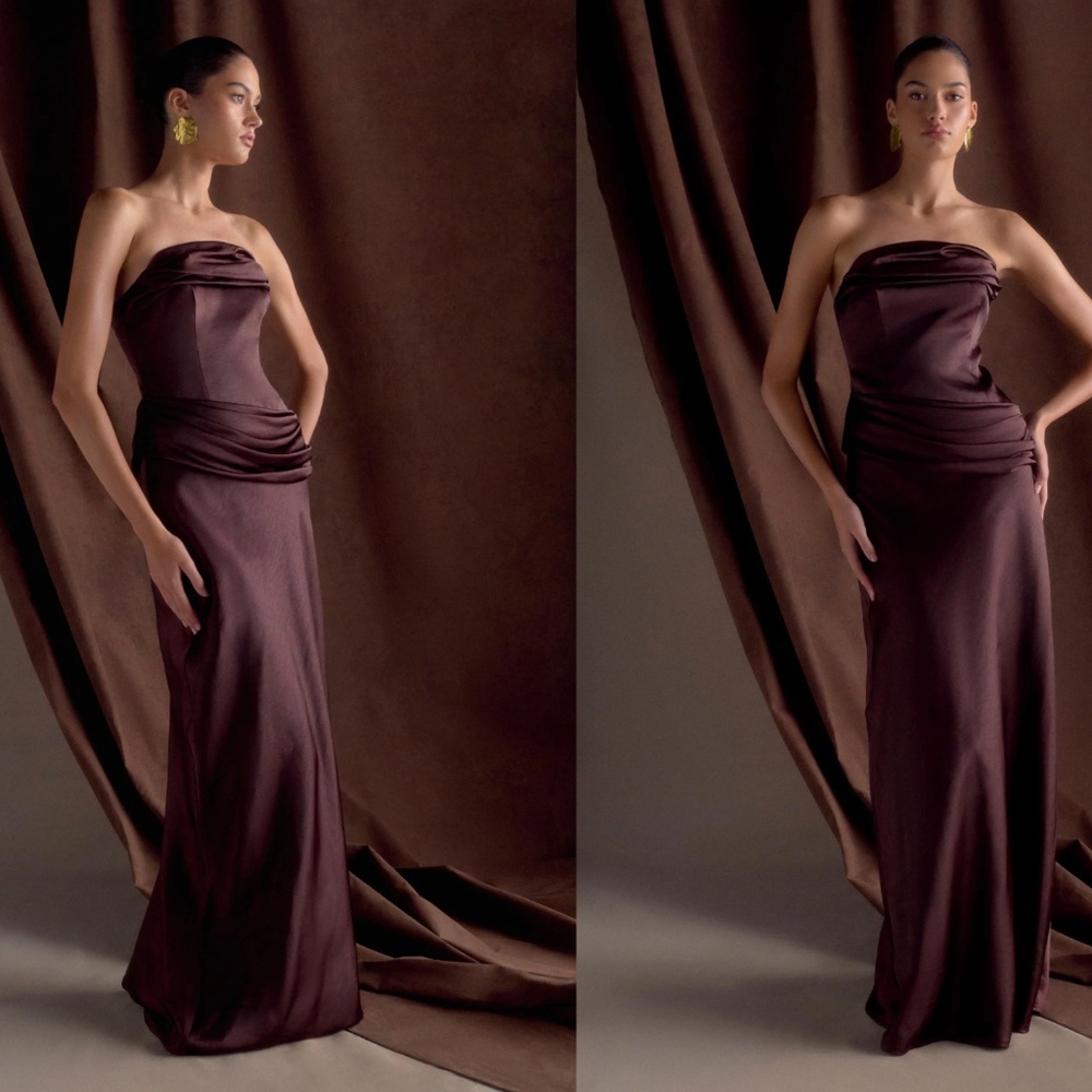 MESHKI Jasmine Strapless Satin Maxi Dress - Dark Chocolate